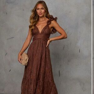 Rustic Views Pleated Chiffon Maxi Dress in Brown